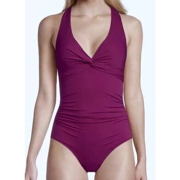Calvin Klein V-Neckline Shirred Front Strappy Back Ring Sz 10 Boysenberry NWT - Picture 1 of 4